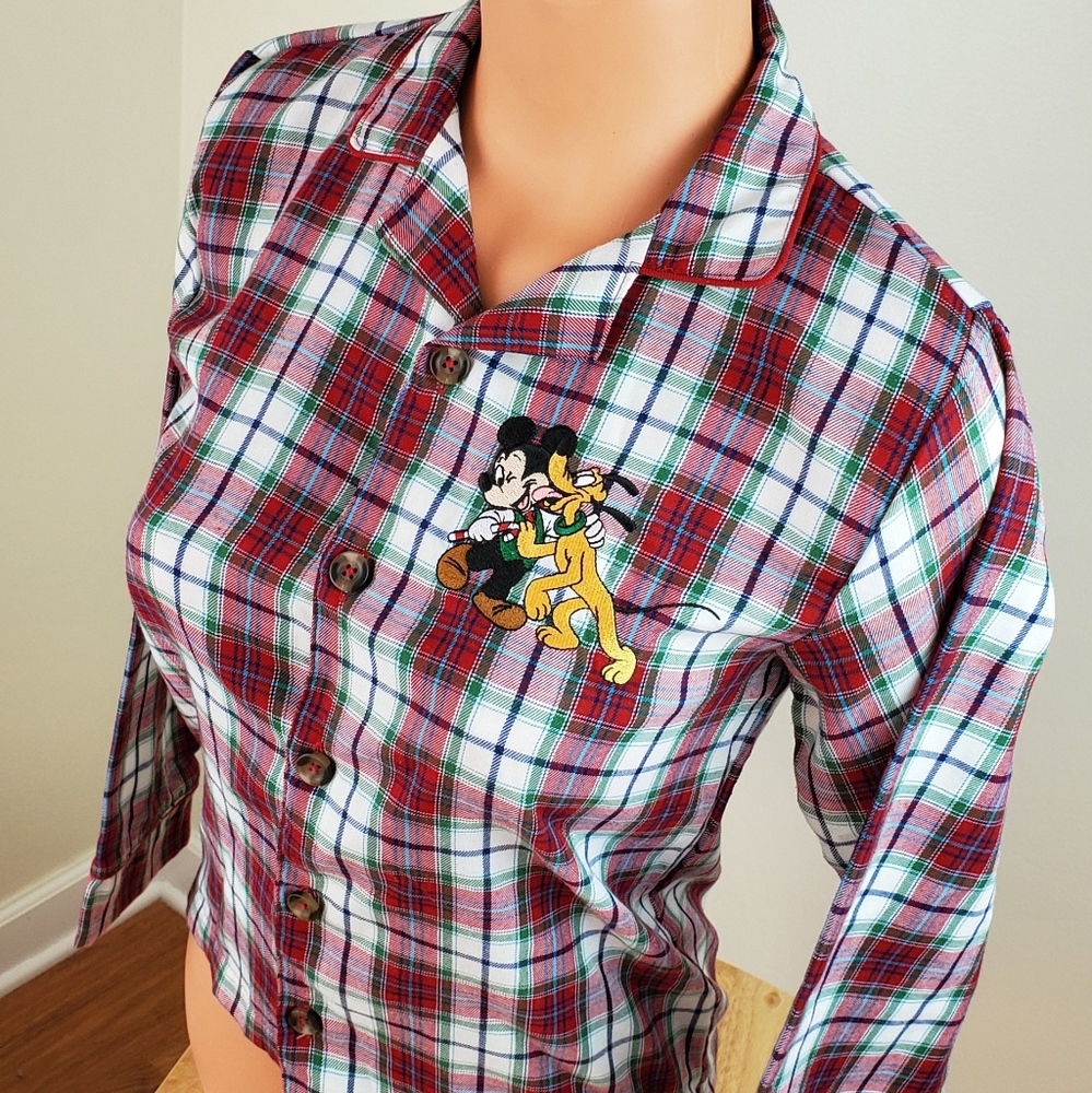 Disney PJ Top Mickey Mouse Pluto Plaid Christmas